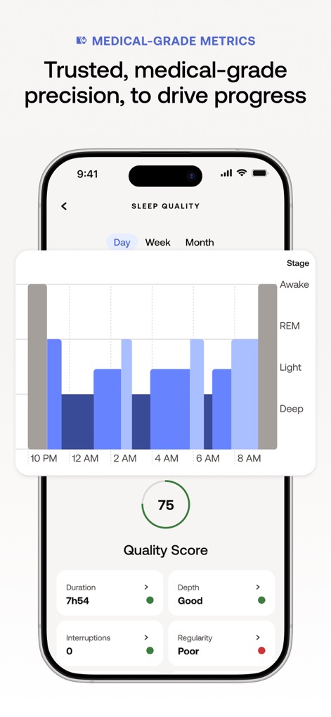 Withings - ユーザーの睡眠ステージを詳細な棒グラフで可視化し、睡眠の質スコアと共に、睡眠時間や深さ、中断回数などの詳細データが提供されます。