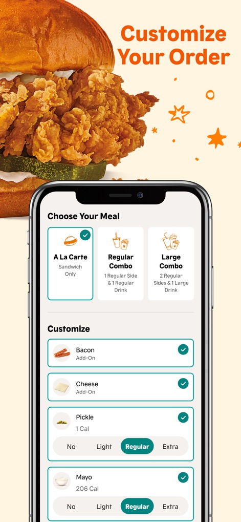 Popeyes® - The app offers extensive customization, allowing users to select meal types such as a "Large Combo" and fine-tune ingredients like "Pickle" levels or add "Bacon" to their order.
