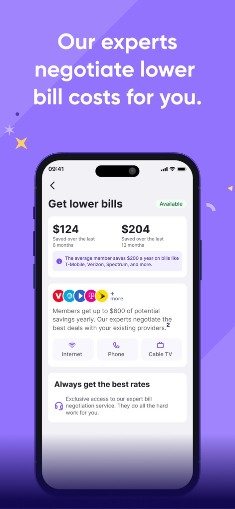 Deferit: Pay bills in 4 - Discover how the app facilitates significant savings, highlighting "Saved over the last 12 months" and demonstrating negotiation services across categories like "Internet" and "Phone."
