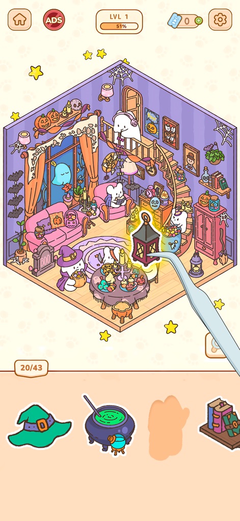 My Sticker Room - Decor Game - Discover the captivating Halloween-themed room filled with festive decorations and experience the satisfying interactive sticker placement of various spooky elements.