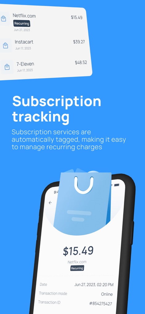 Sparrow Card App - Users benefit from automated 'Subscription tracking' that identifies recurring charges and provides a detailed transaction view for each service.