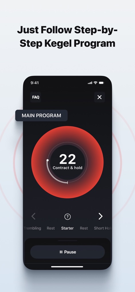 Dr. Kegel: For Men’s Health - Observe the intuitive 'MAIN PROGRAM' interface, which provides clear 'Contract & hold' instructions and a visual progress bar for each exercise phase.