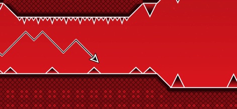 Space Waves - CrazyGames - Users can see the player arrow confronting extreme challenges within levels marked by the intense red color scheme and perilous spiky triangular obstacles.