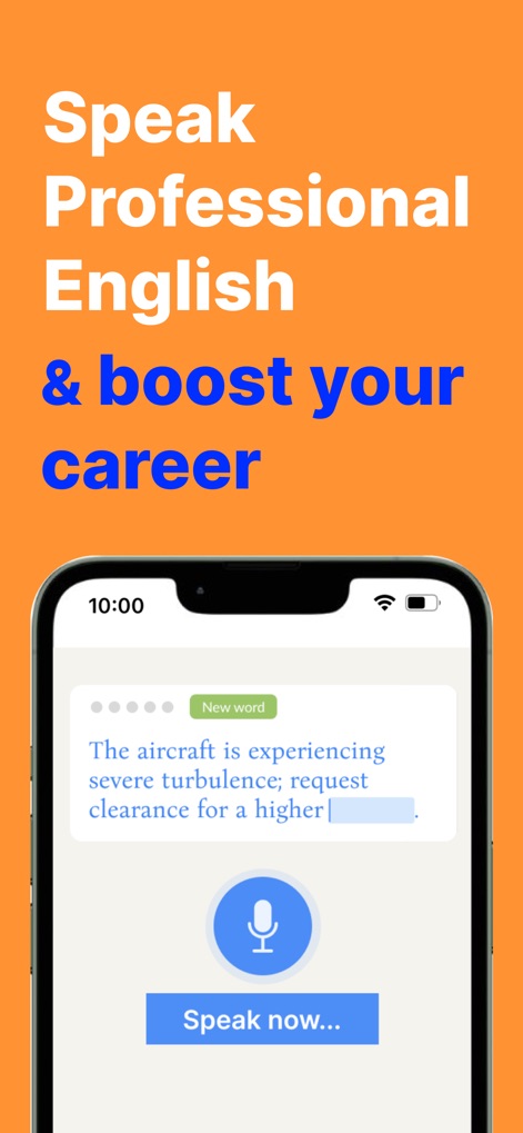 PeakTalk: Job-specific English - A ferramenta foca no inglês específico para profissões, como visto no exercício de preenchimento de lacunas e no botão "Speak now", que permite a prática de fala imediata.