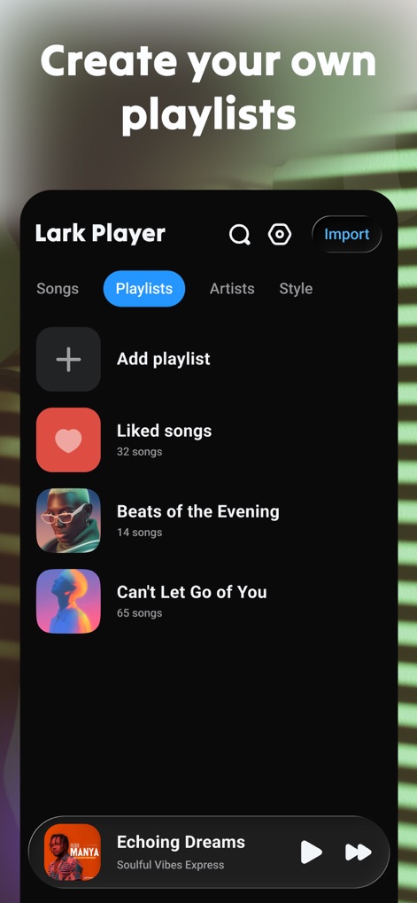 Lark Player: Offline Music - Delve into the playlist creation feature, enabling users to 'Add playlist' and curate personalized 'Liked songs' collections.