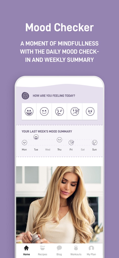 Pam Fitness & Food - 「Mood Checker」は、日々の気分を絵文字で簡単に記録でき、週ごとの気分サマリーが視覚的に表示されるため、ユーザーは自身の心の健康状態を継続的に把握し、マインドフルネスを実践できます。