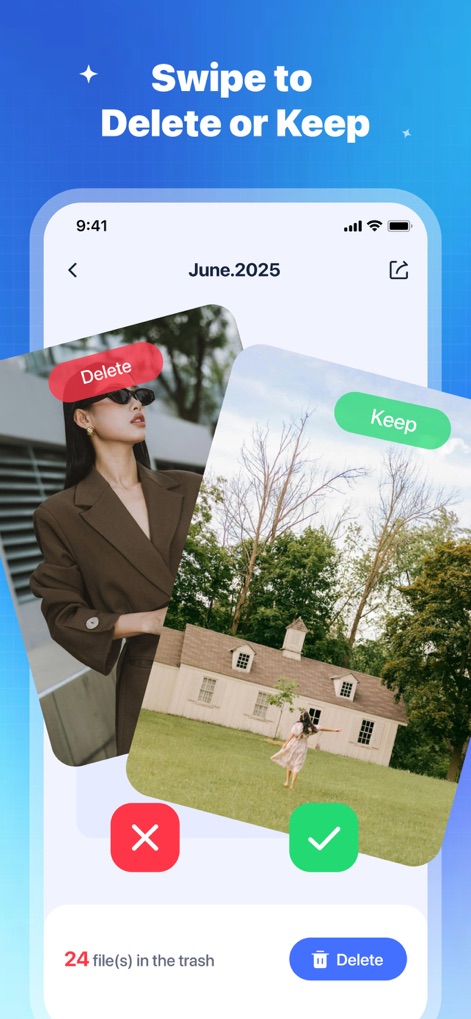 Fast Cleaner - Speed Clean Up - Esta característica interactiva permite a los usuarios "Deslizar para Eliminar o Conservar" sus imágenes, utilizando gestos intuitivos donde deslizar a la izquierda marca para borrar y a la derecha para mantener.
