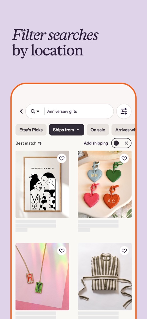 Etsy: Shop Home, Style & More - The app provides intuitive filtering options such as "Ships from" and product categories, allowing users to efficiently narrow down search results for specific gifts.