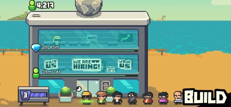 Earth Inc. Tycoon Idle Miner - This tool demonstrates the expansion of the workforce through a multi-story building with a 'WE ARE HIRING!' sign and a diverse lineup of worker characters, all part of the 'BUILD' mechanic.