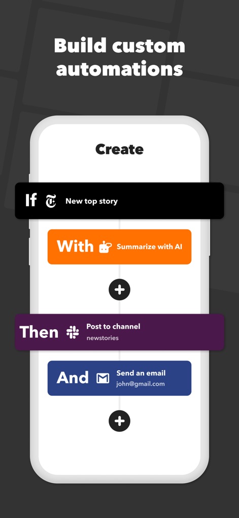 IFTTT - Automate work and home - La aplicación permite a los usuarios configurar automatizaciones personalizadas siguiendo una lógica "If This Then That", como se ve en la creación de una regla donde una "New top story" es resumida con IA antes de ser publicada y enviada por correo.