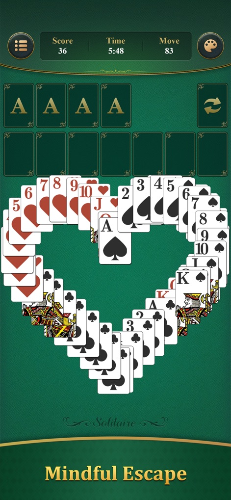 Solitaire Klondike: Brain Game - Witness the satisfying heart-shaped card arrangement upon game completion and the clear display of score, time, and moves taken.