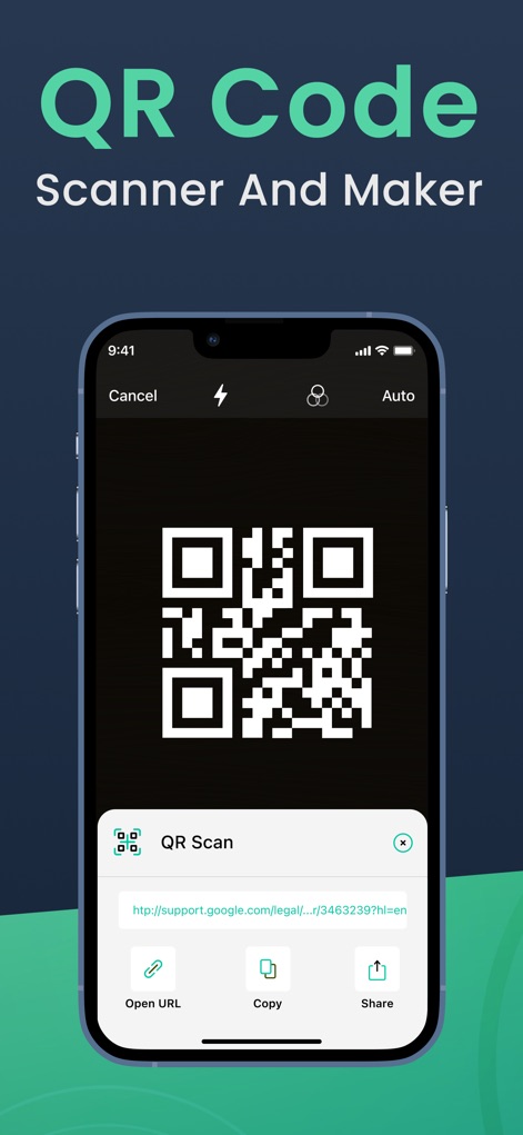 Camera Scanner: Scan to PDF - L'applicazione funge anche da scanner e creatore di codici QR, mostrando i risultati della scansione di un codice QR e offrendo opzioni immediate come "Open URL" e "Share" per l'interazione con il contenuto.