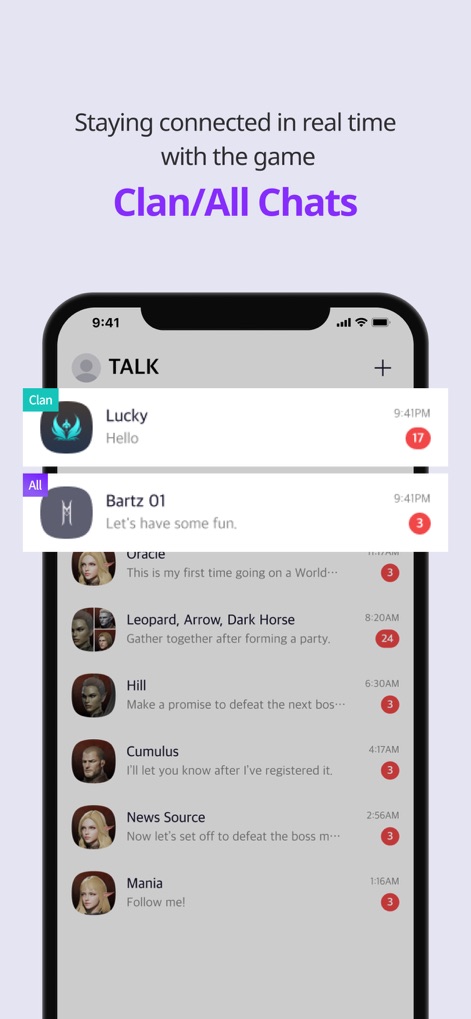 PURPLE: Play, Chat, and Stream - Observe how the app centralizes communication with distinct 'Clan' and 'All' chat tabs, ensuring players stay connected across individual message threads.