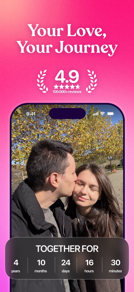 Couple Joy - Relationship App - A captura revela a celebração do tempo compartilhado, com um temporizador preciso que exibe a duração do relacionamento e uma impressionante avaliação de 4.9 estrelas.