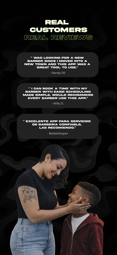 theCut: Barbershop Booking - Users can confidently choose barbers by browsing authentic 'Randy Oli' and 'Willy D.' testimonials, reflecting genuine customer experiences.