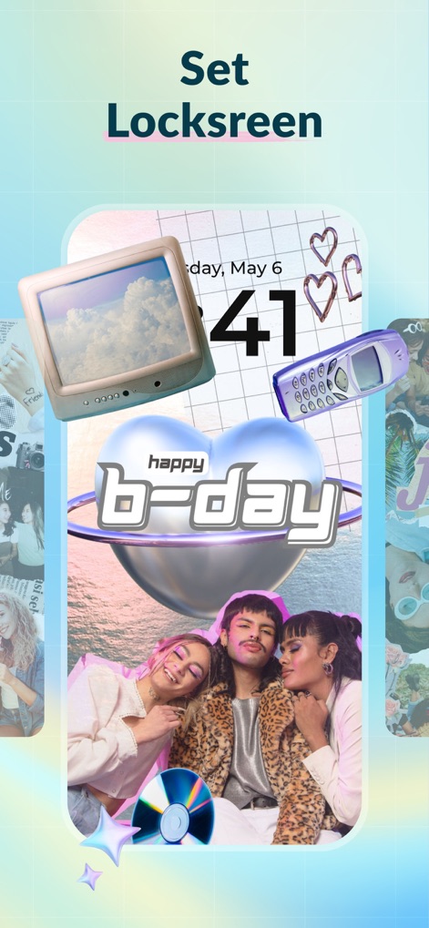 Colliz – DIY Wallpaper Craft - Esta vista previa muestra cómo los usuarios pueden configurar su pantalla de bloqueo, incorporando elementos estéticos y nostálgicos como un televisor retro y la hora destacada.