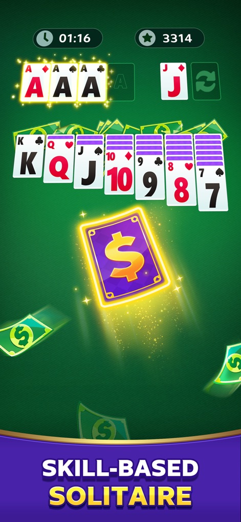 Solitaire Clash: Win Real Cash - Users can observe the classic Klondike Solitaire gameplay layout with a timer and score display, alongside the exciting visual of a glowing dollar card, highlighting the cash-winning potential.