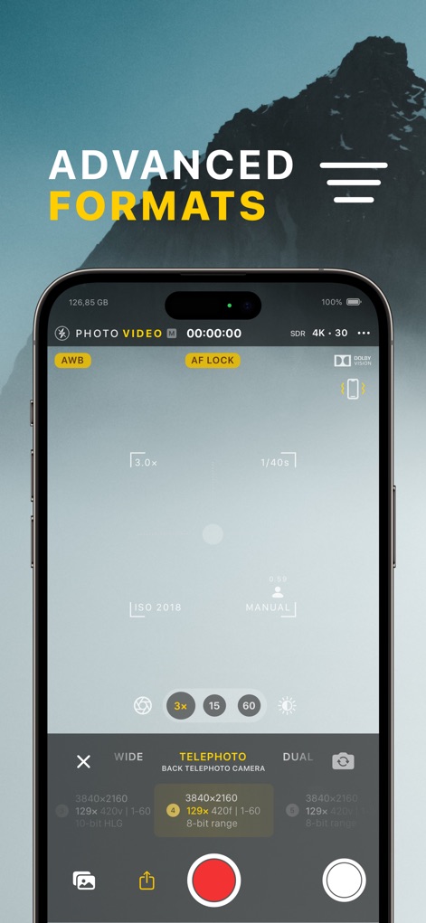 xZoom Cam - PRO Camera - The app supports a range of "ADVANCED FORMATS," showcasing detailed resolution outputs such as "3840x2160" across different camera lenses and explicitly supporting "ProRes" for professional workflows.