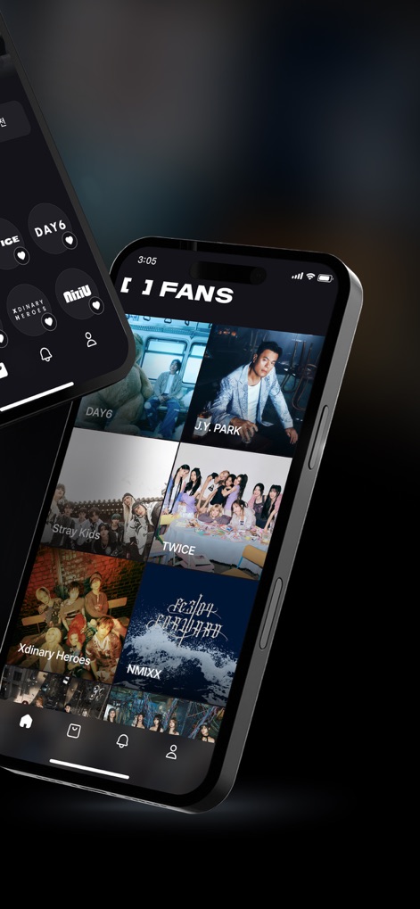 FANS - For Fans & Artists - アプリのメイン画面では、DAY6やJ.Y. PARKといった多数の公式アーティストのコンテンツがタイル形式で表示され、ユーザーは各アーティストの最新活動を視覚的に探索し、お気に入りのコンテンツへ直接アクセスできます。