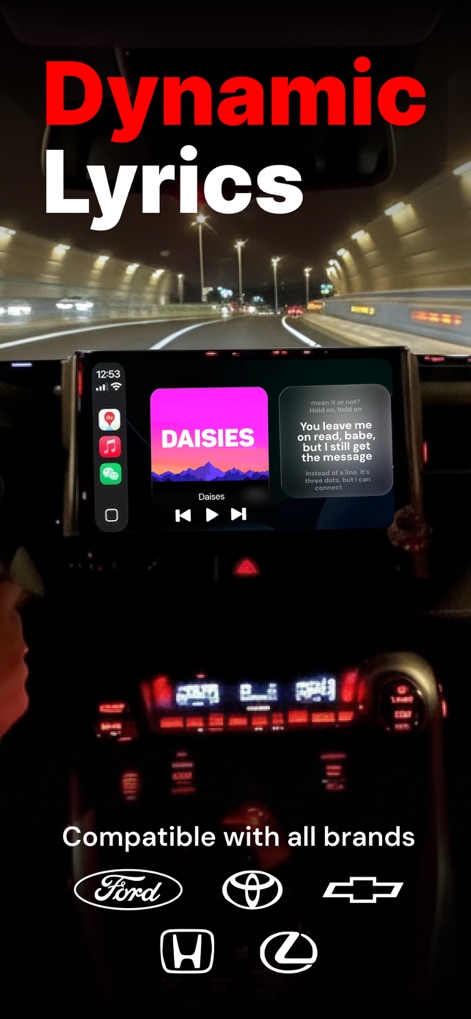 Lyrix: Dynamic Lyricsㅤ - The app seamlessly integrates with CarPlay, displaying dynamic lyrics directly on the car's central screen and confirming broad compatibility with various vehicle brands.