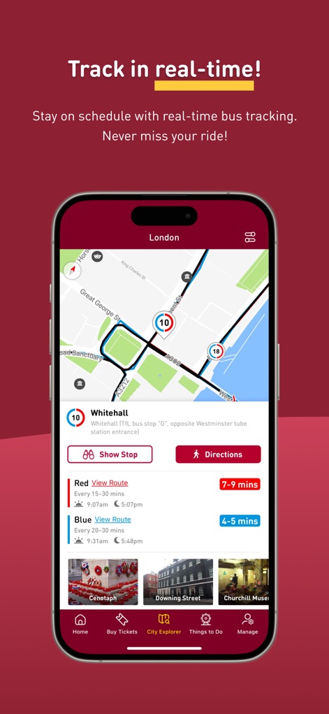 Big Bus Tours - The app provides an interactive map showing bus routes and real-time bus locations, with precise arrival estimates like '7-9 mins' and '4-5 mins' for upcoming buses.