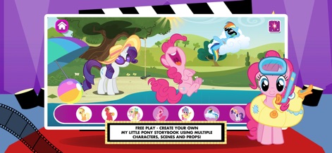 My Little Pony: Story Creator - The free play mode empowers users to craft unique storybooks by combining various characters like Pinkie Pie and Rainbow Dash with diverse scenes and props for unlimited creative expression.