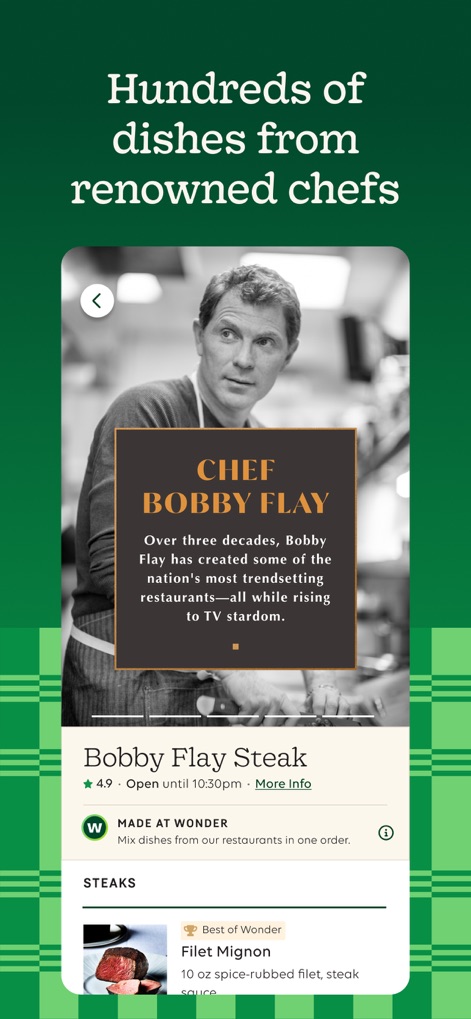 Wonder: Food Delivery - This screen prominently features world-renowned chefs like Bobby Flay, detailing their expertise and presenting specific premium offerings such as his 'Filet Mignon'.