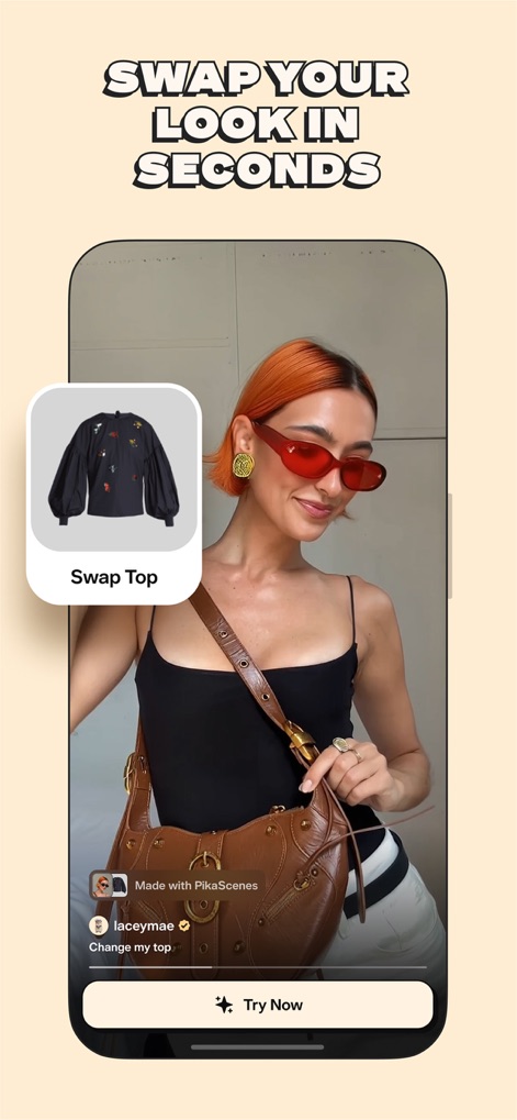 Pikaffects by Pika - Cette fonctionnalité permet de modifier rapidement l'apparence des sujets, illustrée par le "Swap Top" qui change instantanément de vêtement et l'utilisation des "PikaScenes" pour des transformations de style sans effort.