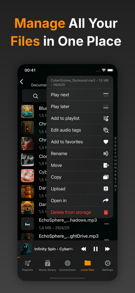 Flacbox: Hi-Res Music Player - Cet outil propose un gestionnaire de fichiers complet, permettant de manipuler aisément les morceaux via des actions rapides telles que l'édition de balises ID3 et le déplacement de fichiers.