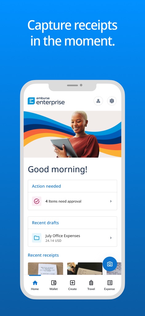 Emburse Enterprise - See how the app's intuitive homepage provides immediate visibility into "Action needed" items and organizes "Recent receipts" for quick access.