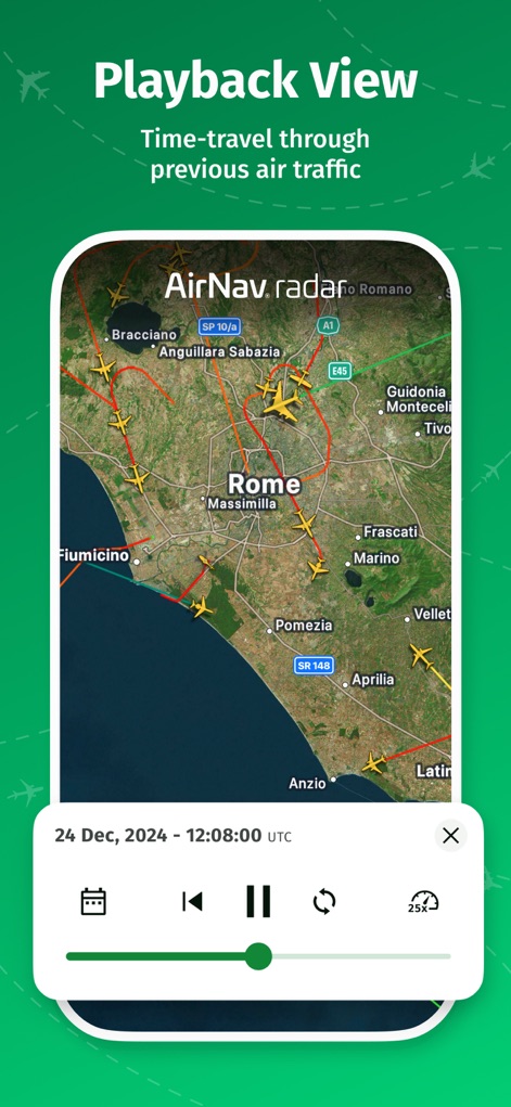 AirNav Radar – Flight Tracker - Time-travel through previous air traffic with the playback view, allowing users to review historical flight paths and precise timestamped data for detailed analysis.