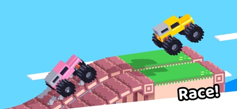 Drive Mad - Users can observe two distinct monster trucks engaging on a challenging ramp, highlighting the app's competitive scenarios.