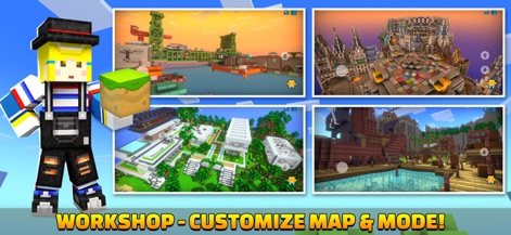 Cops N Robbers:Pixel Craft Gun - La imagen destaca la vasta capacidad de personalización de mapas y la diversidad de entornos, desde ciudades futuristas hasta idílicas islas con agua.