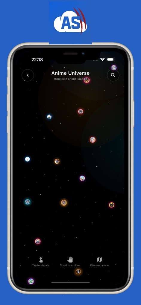 Anime Slayer - انمي سلاير - O 'Anime Universe' oferece uma forma inovadora de explorar, apresentando uma visualização espacial de múltiplos animes onde os usuários podem interagir com ícones circulares para descobrir novos títulos de forma gamificada.