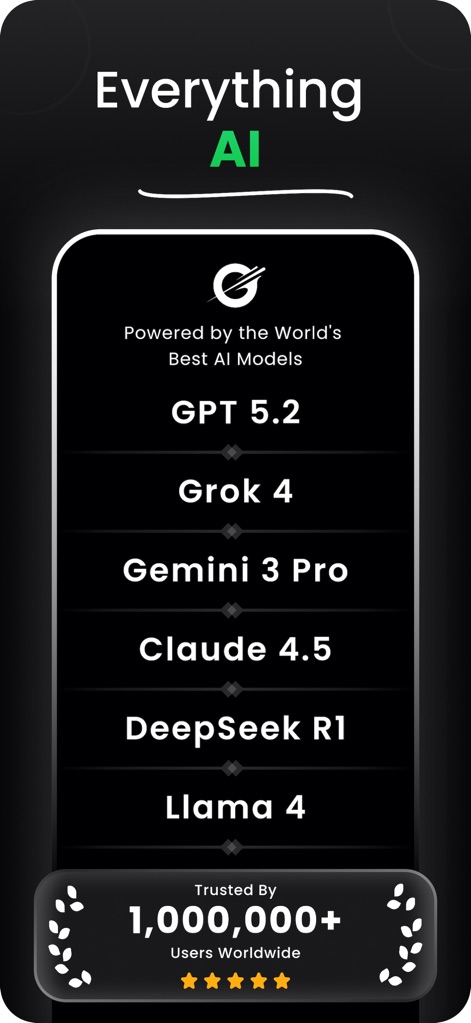 Gronk AI - DeepGronk AI Chat - The app showcases its comprehensive AI capabilities by listing advanced models like GPT 5.2 and Grok 4, and highlights its extensive user base of over 1,000,000 worldwide.