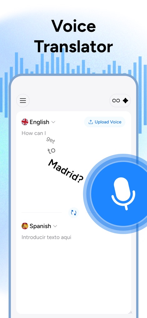 Translate AI • AI Translator - La interfaz de traducción de voz facilita la comunicación, con un **gran icono de micrófono** para iniciar la entrada y un **cuadro de texto visible** que muestra la frase original en inglés para su procesamiento.