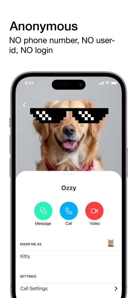 twinme private messenger - La aplicación muestra una "tarjeta de contacto" personalizable para "Ozzy" con un avatar divertido, ofreciendo opciones de comunicación claras mediante botones de "Message", "Call" y "Video".