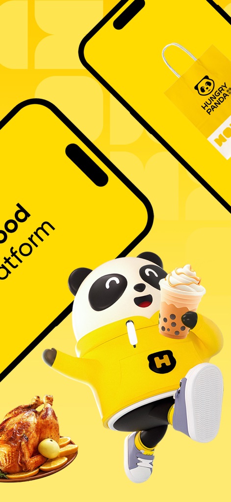 HungryPanda熊猫外卖 - Questo strumento evidenzia la comodità della consegna a domicilio con la rappresentazione di un "vivace personaggio panda" che sorregge una bevanda rinfrescante, affiancato da un appetitoso "pollo arrosto".