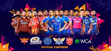 Real Cricket™ Swipe - The app showcases its extensive roster of officially licensed players in authentic team jerseys and features partner logos like Sunrisers Hyderabad and Mumbai Indians.