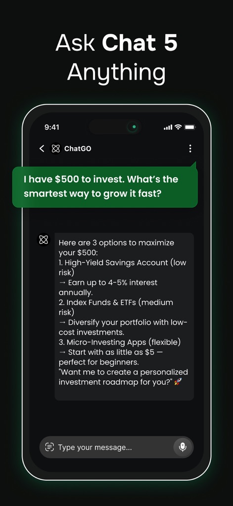 ChatGO: AI Chat 5.0 Assistant - Los usuarios pueden interactuar directamente con la IA, como se muestra al preguntar sobre opciones de inversión para $500 y recibir tres sugerencias detalladas.