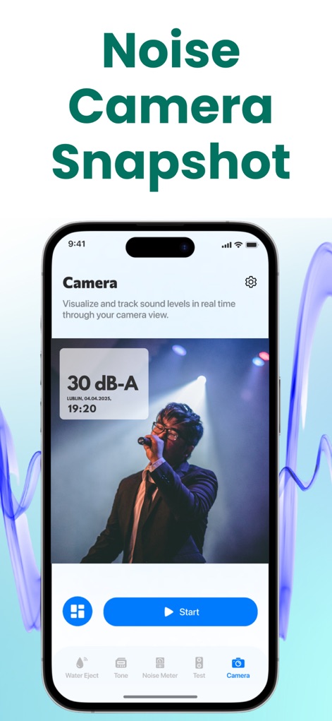 Clear Wave - Water Eject App - The Camera Mode integrates noise level tracking, providing a 'real-time dB-A overlay' directly on a captured image, complete with 'timestamp and location details'.