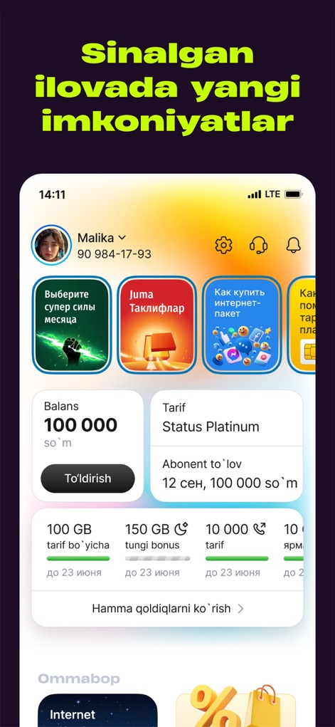 hambi (Beeline Uzbekistan) - A interface exibe informações essenciais do operador, como o 'Balans' (Saldo) do usuário e o seu 'Tarif' (Tarifário), juntamente com detalhes de pacotes de dados, como os '100 GB' inclusos.