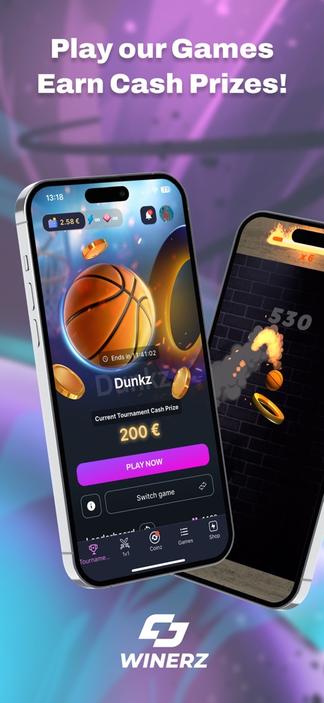 Winerz - This screenshot highlights the "Current Tournament Cash Prize" and the prominent "Play Now" button, showcasing how users can instantly join skill-based competitions for real money.