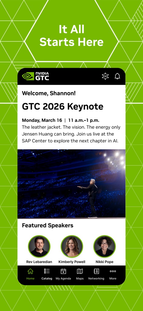 NVIDIA GTC - L'application NVIDIA GTC accueille les utilisateurs avec des informations clés sur l'événement, affichant à la fois un aperçu de la conférence principale et une section dédiée aux conférenciers vedettes pour une navigation rapide.