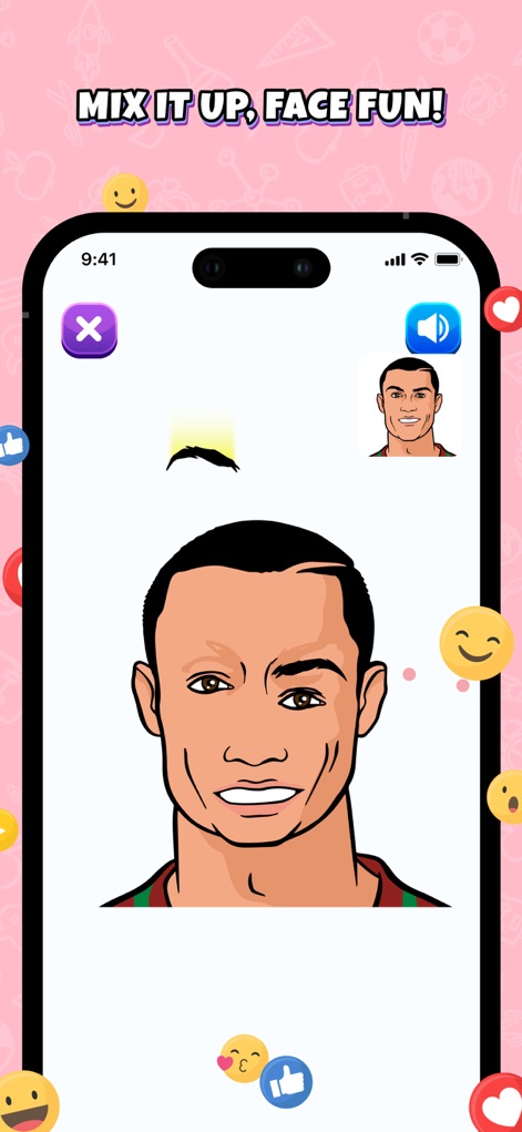 Face Mash: Funny Mix Challenge - Los jugadores pueden personalizar rostros de celebridades populares, como el de Cristiano Ronaldo, añadiendo elementos que caen como una ceja para crear composiciones únicas y divertidas.