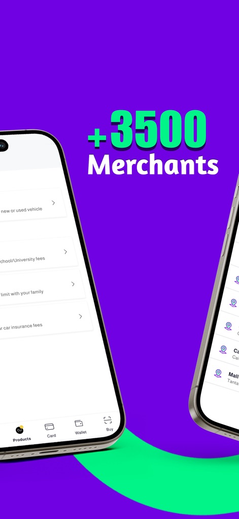 Souhoola - سهولة - This visual details financing options like "new or used vehicle" purchases and "school/University fees," effectively showcasing the breadth of services and hinting at the expansive "+3500 Merchants" network.