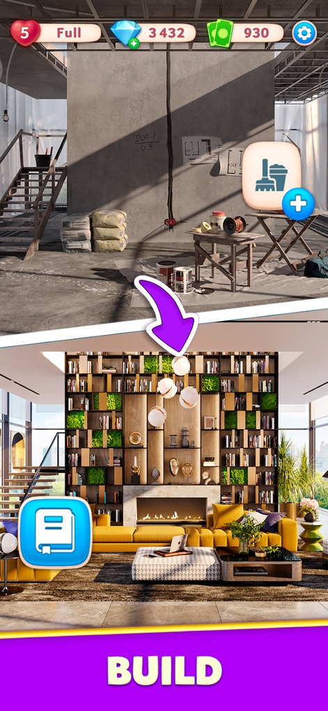 Design Masters: Home Simulator - La herramienta permite transformar espacios, pasando de una habitación de hormigón crudo a un salón lujoso con estanterías decorativas y una chimenea integrada.