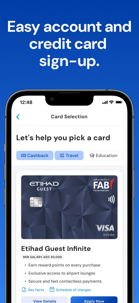 FAB Mobile Banking - カード選択画面では、「Cashback」や「Travel」などのフィルターオプションを使用して、ユーザーのニーズに合った「Etihad Guest Infinite」カードの詳細情報を確認できます。