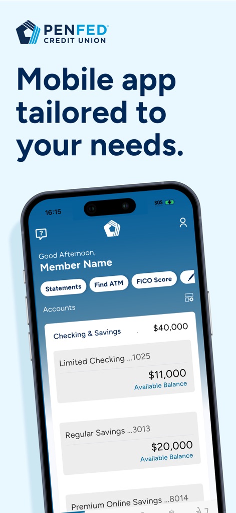 PenFed Mobile - Die Startseite der App bietet Nutzern einen sofortigen Überblick über ihre "Checking & Savings"-Konten und erlaubt den schnellen Zugriff auf Funktionen wie "Statements" und "FICO Score".
