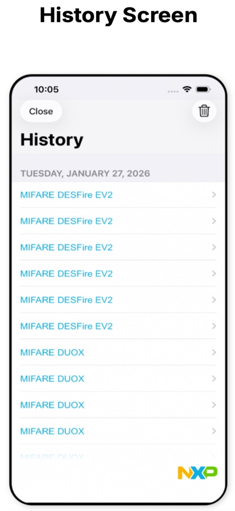 NFC TagInfo by NXP - The History screen diligently logs all scanned tags, allowing users to review past interactions with entries like "MIFARE DESFire EV2" and easily "Close" the log when finished.